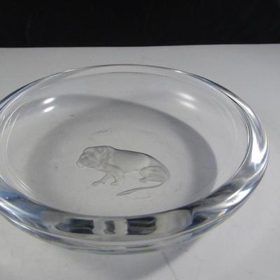 Signed Val St. Lambert Crystal Ashtray- Lion Design- Approx 6â€ Diameter
