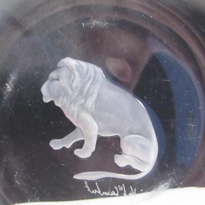 Signed Val St. Lambert Crystal Ashtray- Lion Design- Approx 6â€ Diameter