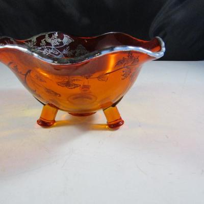 Vintage Orange Glass with Silver Overlay Footed Bowl- Approx 6