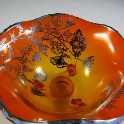 Vintage Orange Glass with Silver Overlay Footed Bowl- Approx 6