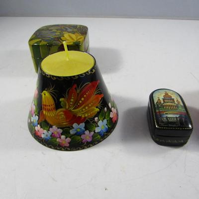 Assorted Hand Painted Lacquered Wood Collectibles- Trinket Boxes and Candle Holder