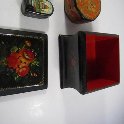 Assorted Hand Painted Lacquered Wood Collectibles- Trinket Boxes and Candle Holder
