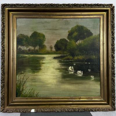 Antique Oil Painting of Swans 