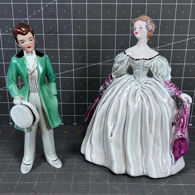 FLORENCE Ceramics Figurines (2)  Green and White Man & Woman Antebellum 