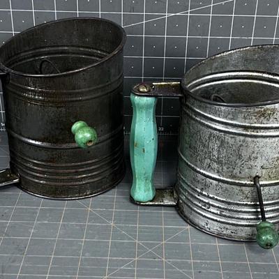2 Antique Green Handled FLOUR Sifters