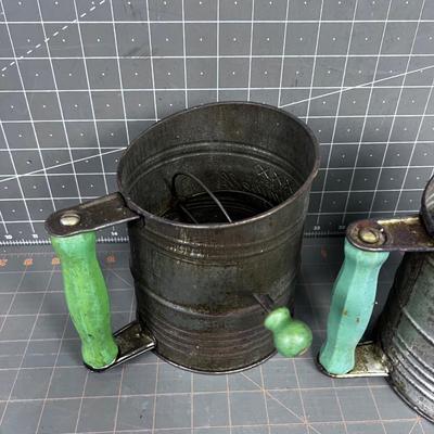 2 Antique Green Handled FLOUR Sifters