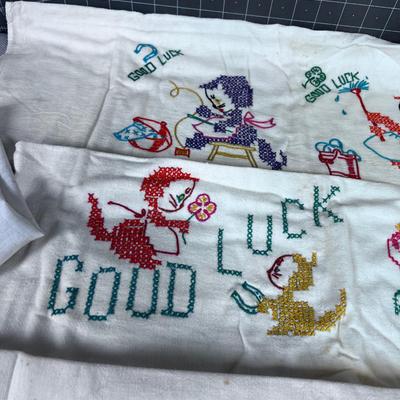 Kitty GOOD LUCK Towels (3) And (2) Puppy Friday & Sunday Towels Embroidered. 