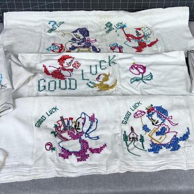 Kitty GOOD LUCK Towels (3) And (2) Puppy Friday & Sunday Towels Embroidered. 