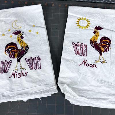 CUTE: Night and Noon Rooster Screen Printed and Machine Embroidered Towels 