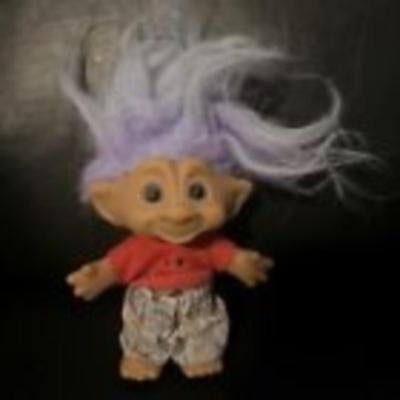 1980s Russ 4.5" Troll Doll, â€œI Love Trolls â€œ Blue Purple Hair