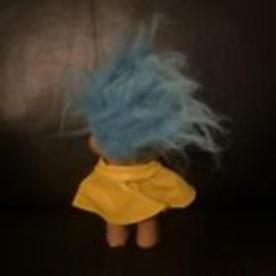 Vintage Russ Troll Doll 5" Tall Wearing Yellow Rain Coat Blue Hair