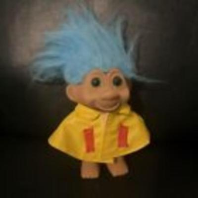 Vintage Russ Troll Doll 5" Tall Wearing Yellow Rain Coat Blue Hair
