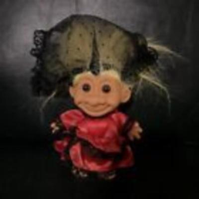 Vintage Russ Troll Saloon Gal in Red Satin Dress and Black Laced Veil 1980s