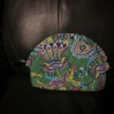 Vera Bradley Green Quilted Cloth Cosmetic Make Up Bag Vinyl Liner Zippered