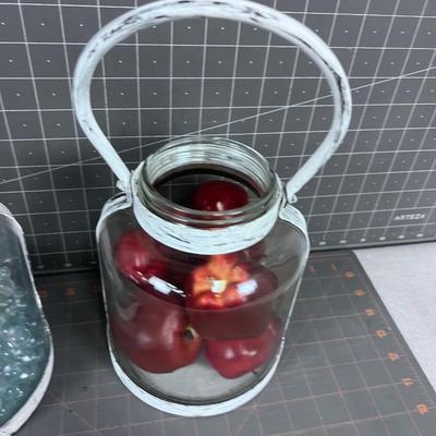2 Jar Buckets with Clear Marbles and Faux Apples 