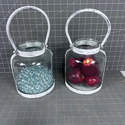 2 Jar Buckets with Clear Marbles and Faux Apples 