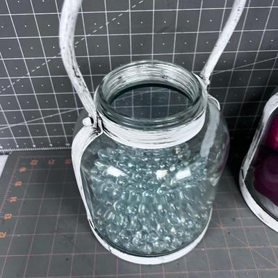 2 Jar Buckets with Clear Marbles and Faux Apples 