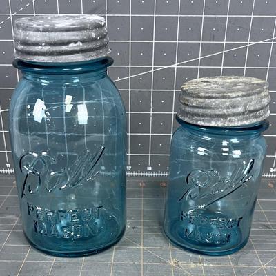 (2) BLUE BALL Perfect Mason Jars with Zinc Lids 