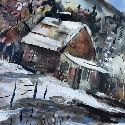 Framed and Matted Watercolor Cabin in the Woods Mixed Media and Acrylics 