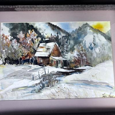 Framed and Matted Watercolor Cabin in the Woods Mixed Media and Acrylics 