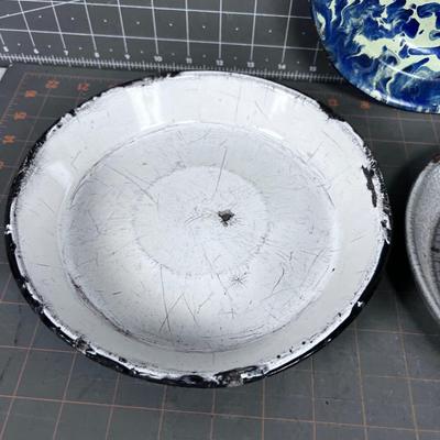 3 Antique Graniteware Pie Plates, Gray & Blue