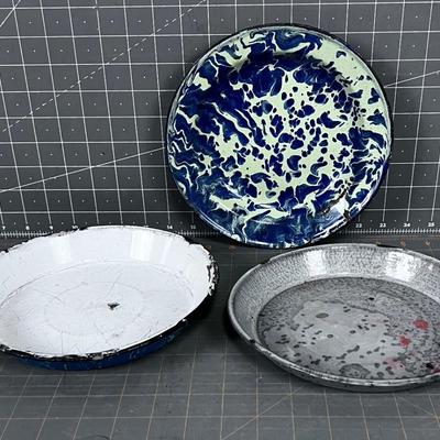 3 Antique Graniteware Pie Plates, Gray & Blue