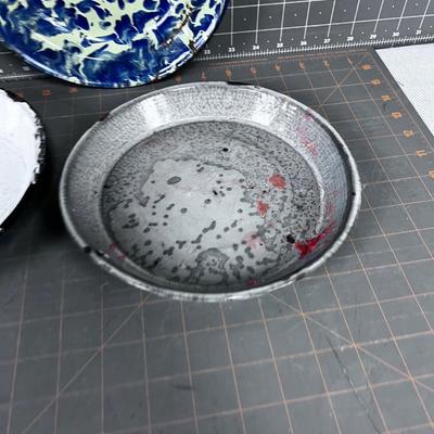3 Antique Graniteware Pie Plates, Gray & Blue