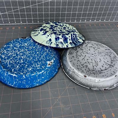 3 Antique Graniteware Pie Plates, Gray & Blue