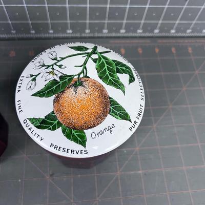 2 Small Crocks w/ Raspberry and Orange Ceramic Lids