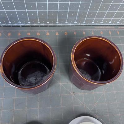 2 Small Crocks w/ Raspberry and Orange Ceramic Lids