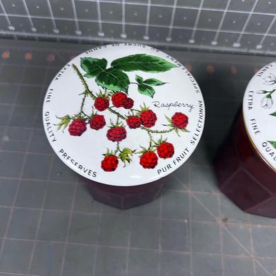 2 Small Crocks w/ Raspberry and Orange Ceramic Lids