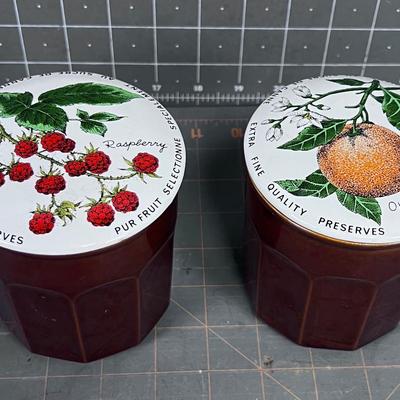2 Small Crocks w/ Raspberry and Orange Ceramic Lids