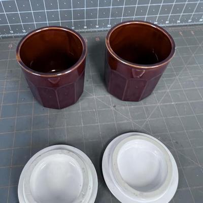 2 Small Crocks w/ Raspberry and Orange Ceramic Lids