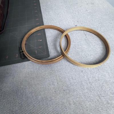 Antique Basket with Embroidery Hoops and Cloth Balls