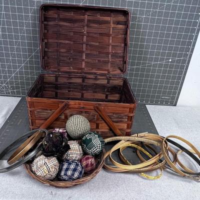 Antique Basket with Embroidery Hoops and Cloth Balls