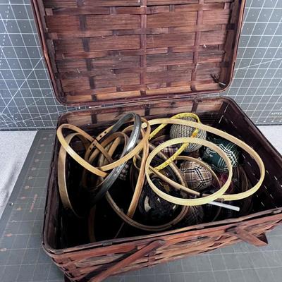 Antique Basket with Embroidery Hoops and Cloth Balls