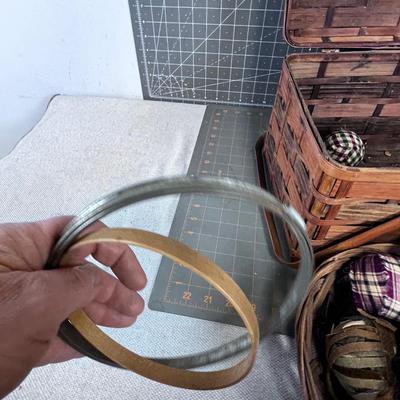 Antique Basket with Embroidery Hoops and Cloth Balls