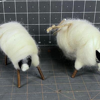 Whimsical Sheep Ornaments Made w/ Real Wool (2) 