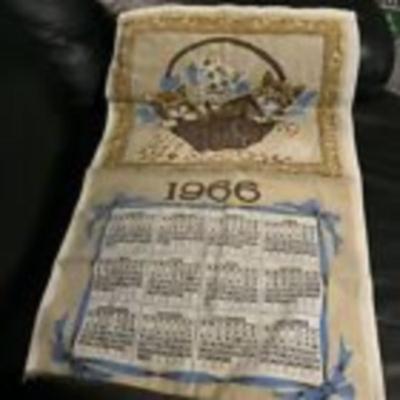 VINTAGE 1966 LINEN HANGING CALENDAR/TEA TOWEL BAKER DAVIS CATS IN BASKET