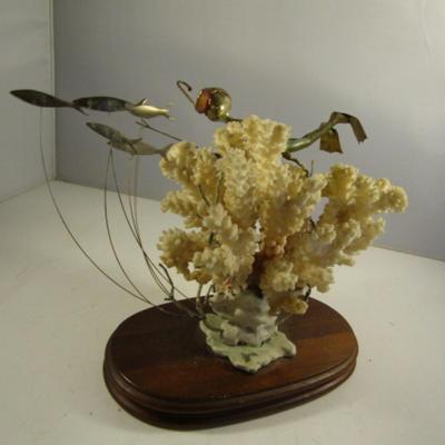 Natural Coral Art- Metal Fish and Scuba Diver on Wooden Base