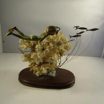 Natural Coral Art- Metal Fish and Scuba Diver on Wooden Base