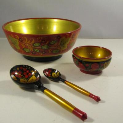 Russian Hand Painted Wooden Bowls with Spoons