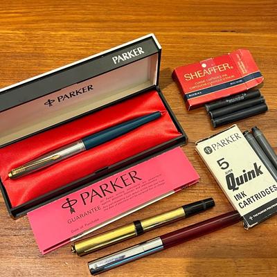 Lot Vintage Fountain Pens, Ink Cartridges & Bottle