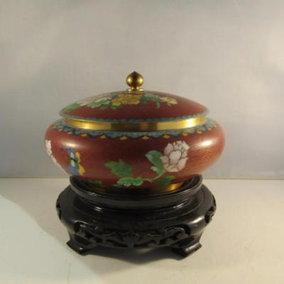 Cloisonne Enamel Bowl with Lid and Wooden Stand- Approx 7