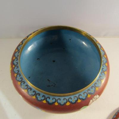 Cloisonne Enamel Bowl with Lid and Wooden Stand- Approx 7