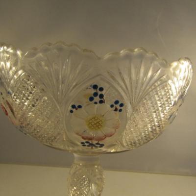 Vintage Glass Footed Compote Bowl with Scalloped Edge and Floral Accents- Approx 7 1/4