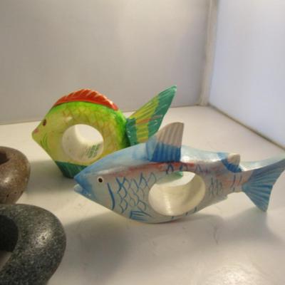 Collection of Napkin Rings- Wooden Fish and Hollowed Stone