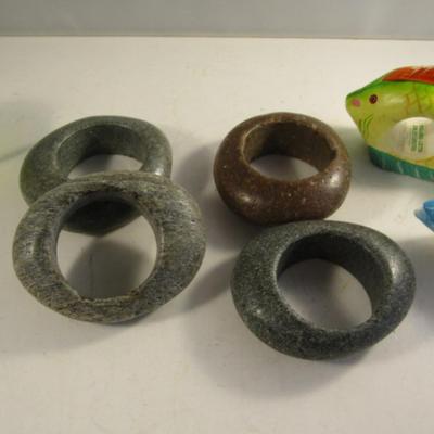 Collection of Napkin Rings- Wooden Fish and Hollowed Stone