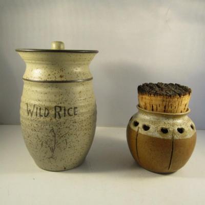 Pair of Pottery Vessels- Wild Rice Canister with Lid and Garlic Keeper with Cork