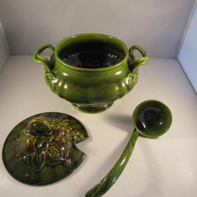 Vintage Glazed Ceramic Soup Tureen with Ladle- 1959 N.S. Gustin Co